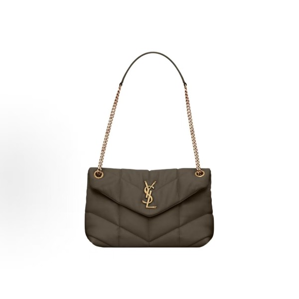 SAINT LAURENT YSL PUFFER Gold Logo sliding chain strap crossbody single-shoulder bag for women, brown